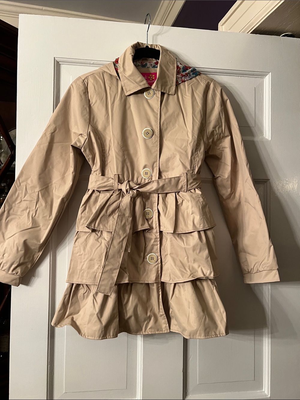 Pink Platinum Beige Tiered Girl's Raincoat with Belt